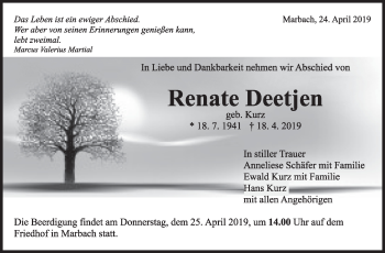 Traueranzeige von Renate Deetjen von Marbacher Zeitung