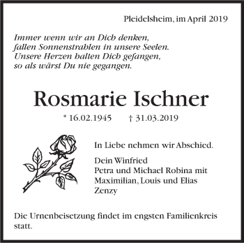 Traueranzeige von Rosmarie Ischner von Marbacher Zeitung