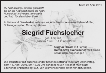 Traueranzeige von Siegrid Fuchslocher von Marbacher Zeitung