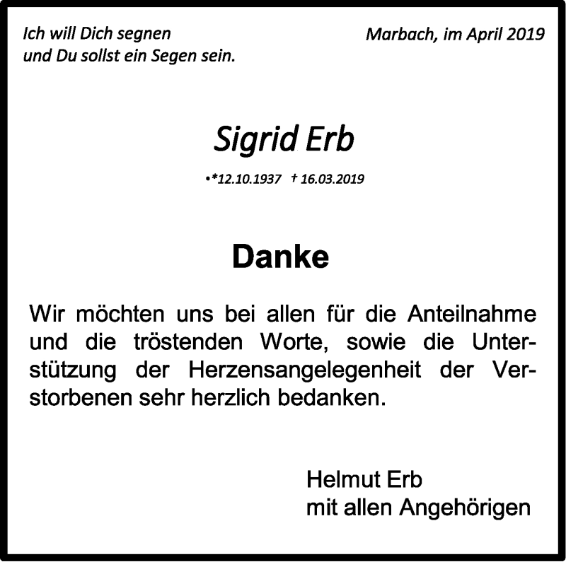  Traueranzeige für Sigrid Erb vom 13.04.2019 aus Marbacher Zeitung