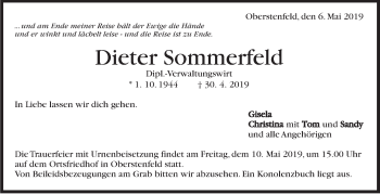 Traueranzeige von Dieter Sommerfeld von Marbacher Zeitung