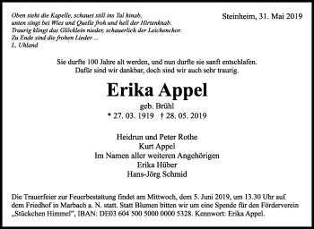 Traueranzeige von Erika Appel von Marbacher Zeitung