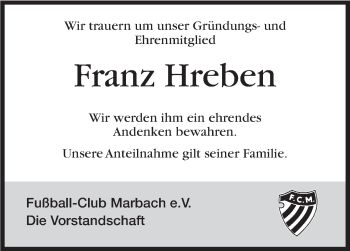 Traueranzeige von Franz Hreben von Marbacher Zeitung