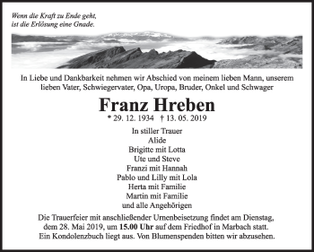 Traueranzeige von Franz Hreben von Marbacher Zeitung