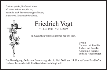 Traueranzeige von Friedrich Vogt von Marbacher Zeitung