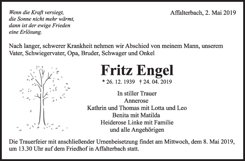 Traueranzeige für Fritz Engel vom 02.05.2019 aus Marbacher Zeitung
