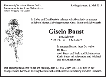 Traueranzeige von Gisela Baust von Marbacher Zeitung