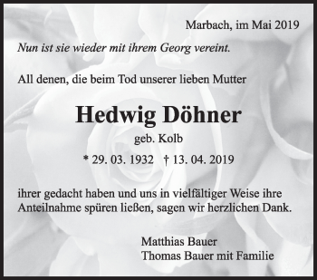 Traueranzeige von Hedwig Döhner von Marbacher Zeitung