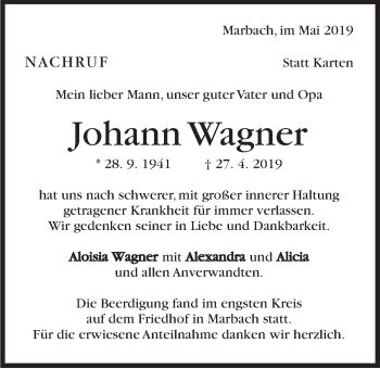 Traueranzeige von Johann Wagner von Marbacher Zeitung