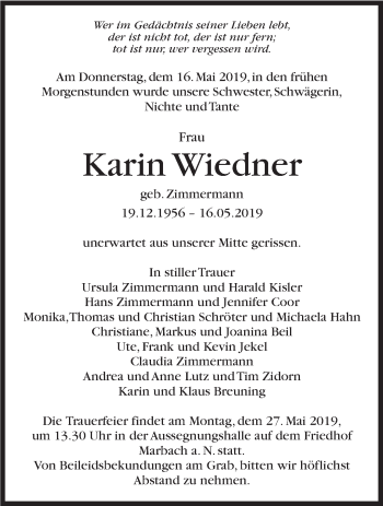 Traueranzeige von Karin Wiedner von Marbacher Zeitung