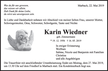 Traueranzeige von Karin Wiedner von Marbacher Zeitung