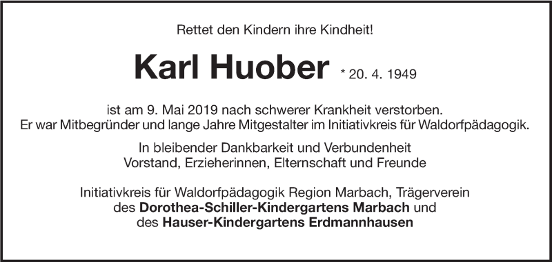  Traueranzeige für Karl Huober vom 18.05.2019 aus Marbacher Zeitung