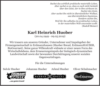 Traueranzeige von Karl Heinrich Huober von Marbacher Zeitung