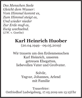 Traueranzeige von Karl Heinrich Huober von Marbacher Zeitung