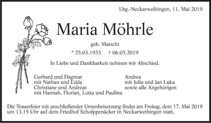  Traueranzeige für Maria Möhrle vom 11.05.2019 aus Marbacher Zeitung