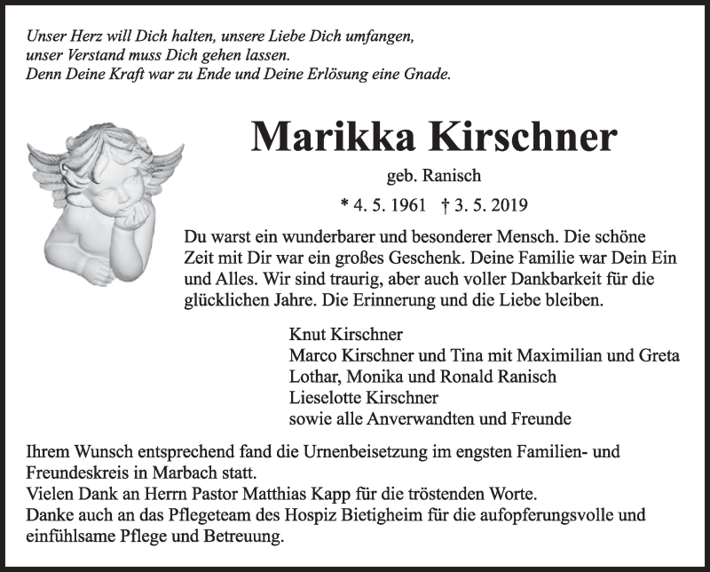  Traueranzeige für Marikka Kirschner vom 17.05.2019 aus Marbacher Zeitung