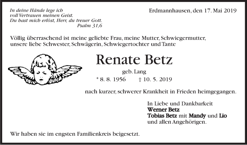  Traueranzeige für Renate Betz vom 17.05.2019 aus Marbacher Zeitung