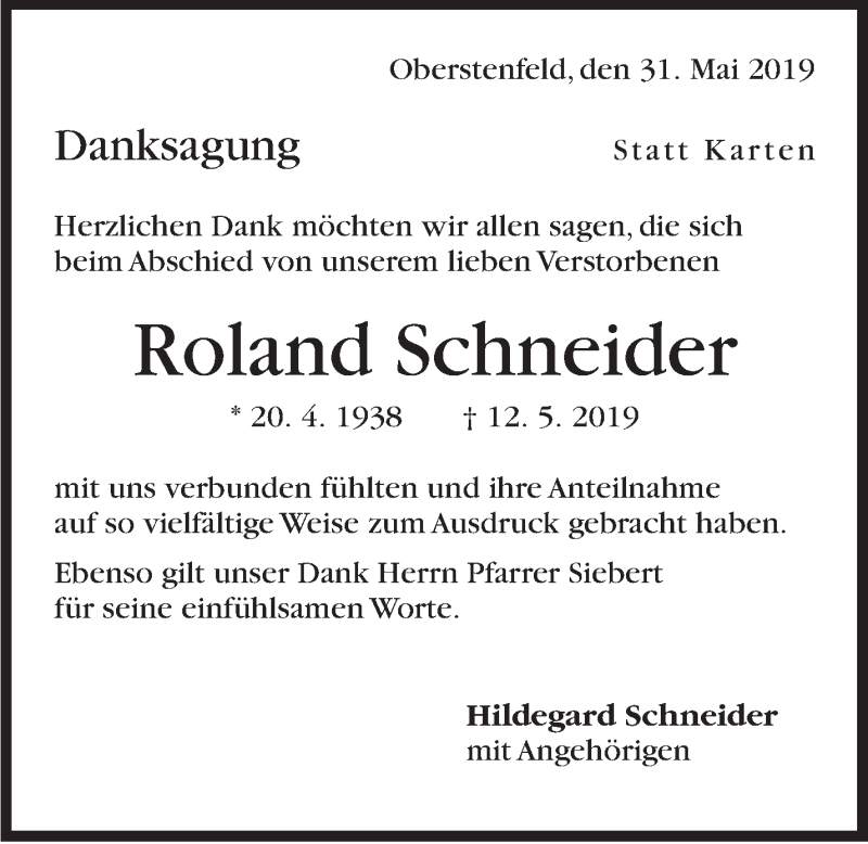  Traueranzeige für Roland Schneider vom 31.05.2019 aus Marbacher Zeitung
