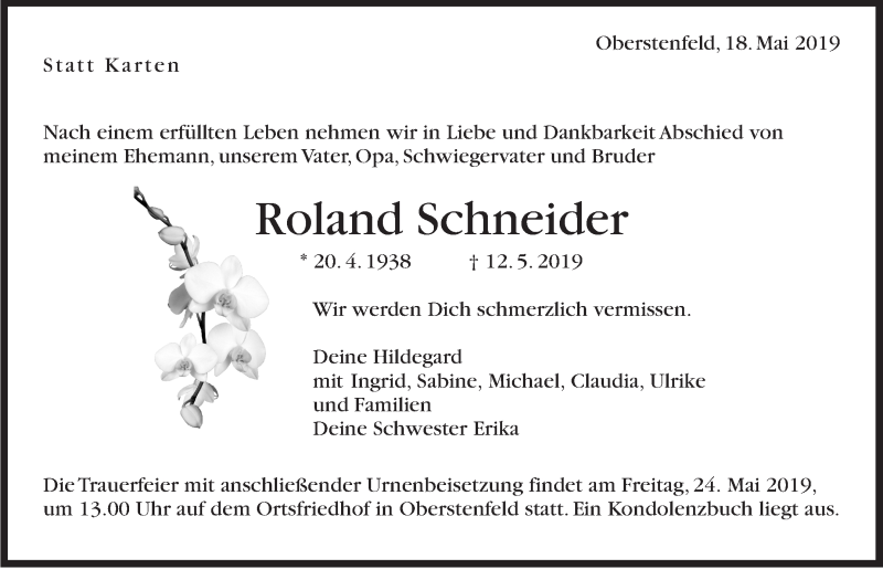  Traueranzeige für Roland Schneider vom 18.05.2019 aus Marbacher Zeitung