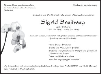 Traueranzeige von Sigrid Breitweg von Marbacher Zeitung