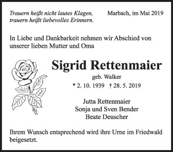 Traueranzeige von Sigrid Rettenmaier von Marbacher Zeitung