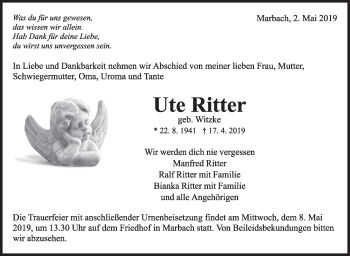 Traueranzeige von Ute Ritter von Marbacher Zeitung