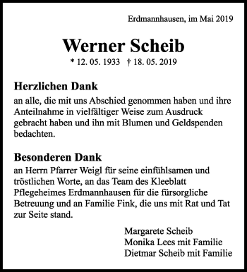 Traueranzeige von Werner Scheib von Marbacher Zeitung