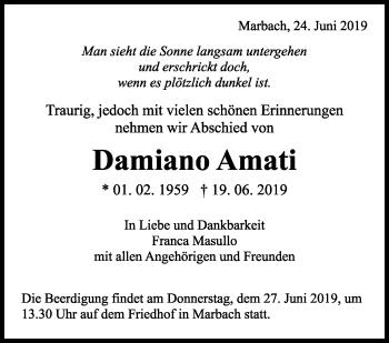 Traueranzeige von Damiano Amati von Marbacher Zeitung