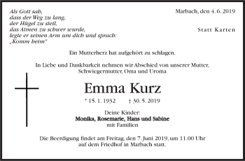 Traueranzeige von Emma Kurz von Marbacher Zeitung