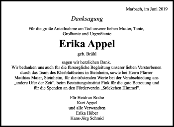 Traueranzeige von Erika Appel von Marbacher Zeitung