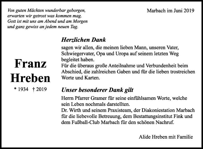  Traueranzeige für Franz Hreben vom 01.06.2019 aus Marbacher Zeitung