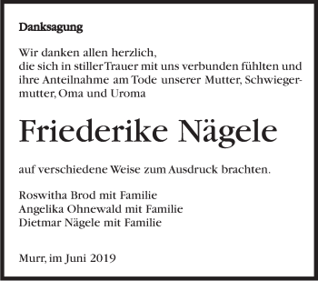 Traueranzeige von Friederike Nägele von Marbacher Zeitung