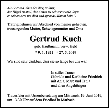 Traueranzeige von Gertrud Kuch von Marbacher Zeitung