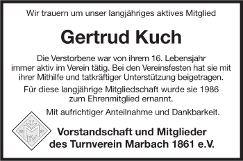 Traueranzeige von Gertrud Kuch von Marbacher Zeitung