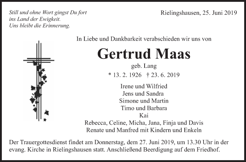 Traueranzeige für Gertrud Maas vom 25.06.2019 aus Marbacher Zeitung