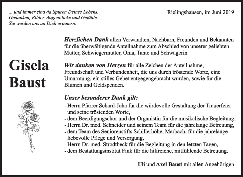  Traueranzeige für Gisela Baust vom 07.06.2019 aus Marbacher Zeitung