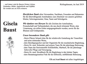 Traueranzeige von Gisela Baust von Marbacher Zeitung