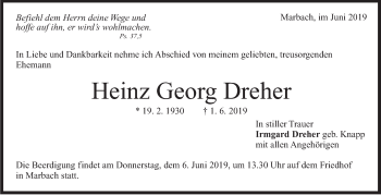 Traueranzeige von Heinz Dreher von Marbacher Zeitung
