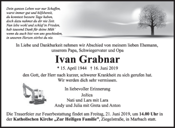 Traueranzeige von Ivan Grabnar von Marbacher Zeitung