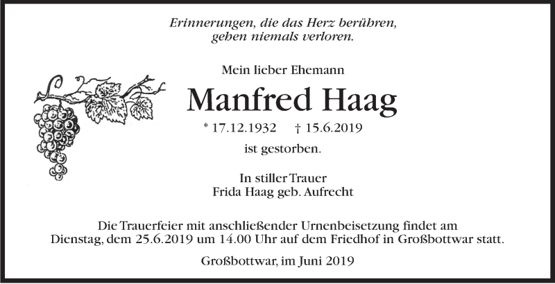  Traueranzeige für Manfred Haag vom 22.06.2019 aus Marbacher Zeitung