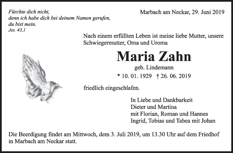  Traueranzeige für Maria Zahn vom 29.06.2019 aus Marbacher Zeitung
