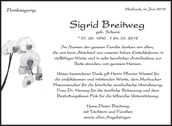 Traueranzeige von Sigrid Breitweg von Marbacher Zeitung