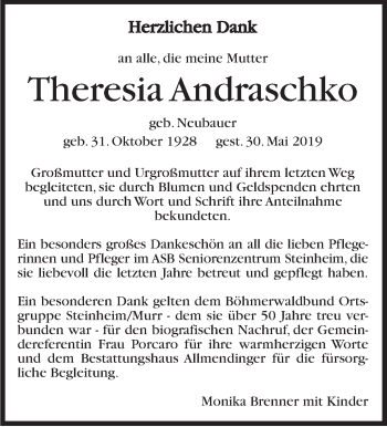 Traueranzeige von Theresia Andraschko von Marbacher Zeitung