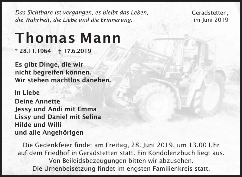  Traueranzeige für Thomas Mann vom 25.06.2019 aus Marbacher Zeitung