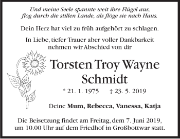 Traueranzeige von Torsten Troy Wayne Schmidt von Marbacher Zeitung
