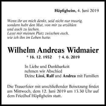 Traueranzeige von Wilhelm Widmaier von Marbacher Zeitung