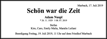 Traueranzeige von Adam Nuspl von Marbacher Zeitung