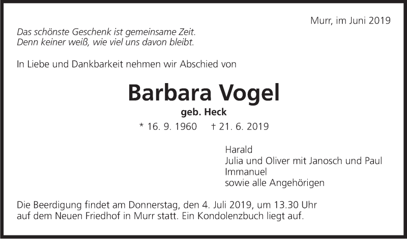  Traueranzeige für Barbara Vogel vom 02.07.2019 aus Marbacher Zeitung