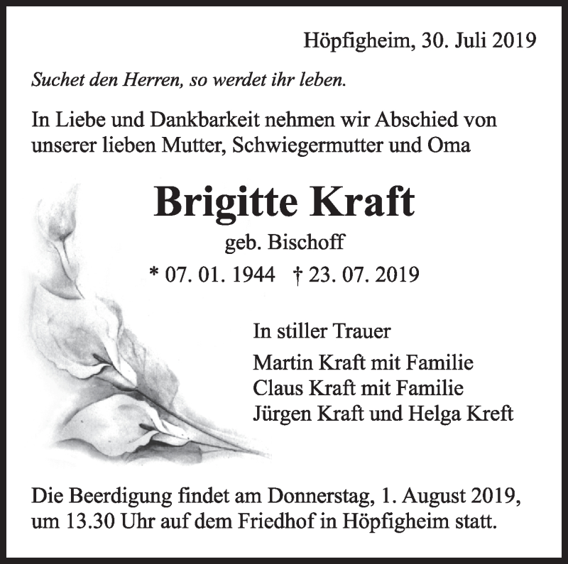  Traueranzeige für Brigitte Kraft vom 30.07.2019 aus Marbacher Zeitung