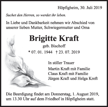 Traueranzeige von Brigitte Kraft von Marbacher Zeitung